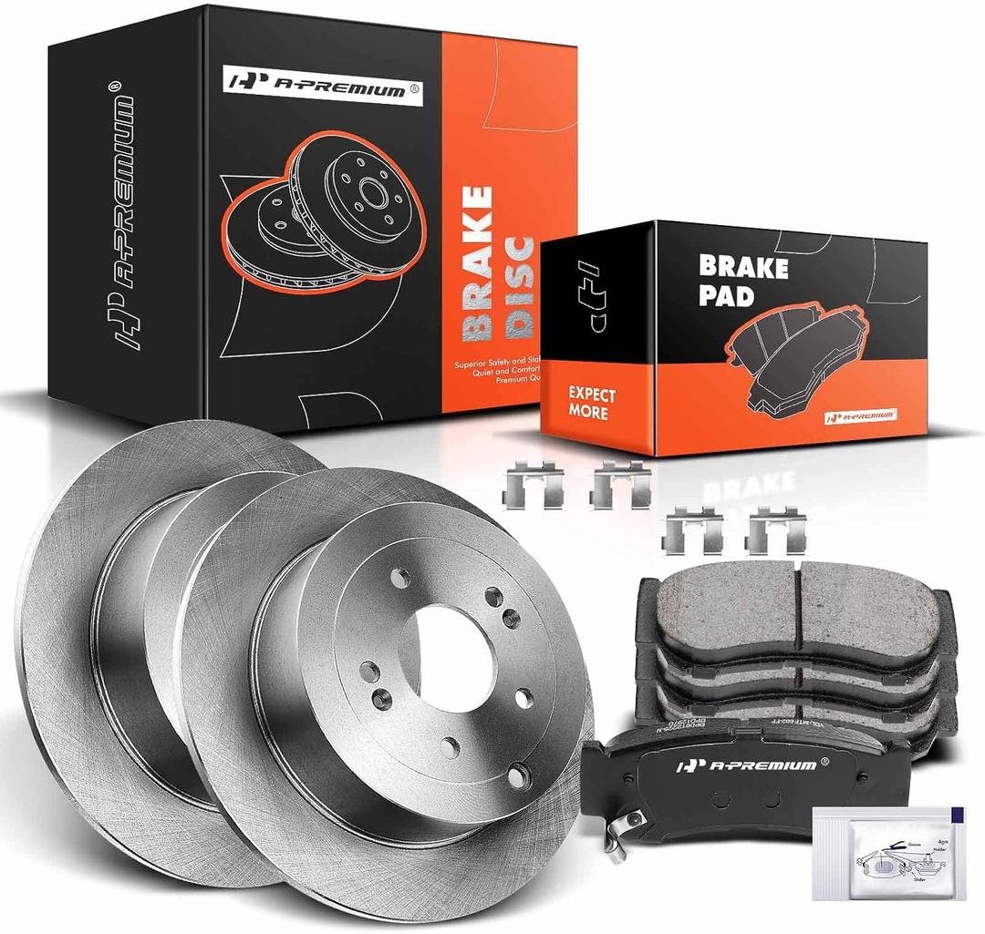 A-Premium 11.89 inch (302mm) Rear Solid Disc Brake Rotors + Ceramic Pads Kit Compatible with Select Hyundai Models - Santa Fe 2007 2008 2009, 6-PC Set