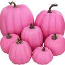 7 Pcs Assorted Sizes Hot Pink Artificial Pumpkins Fall Decorative Pumpkins Deep Pink Foam Pumpkins for Gifts Fall Halloween Thanksgiving Wedding Baby Shower Farmhouse Table Centerpiece Mantel Decor