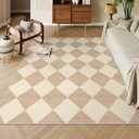 Beeiva Checkered Print 5x7 Washable Area Rugs for Bedroom, Non Slip Ultra Thin Beige Rugs for Living Room, Moroccan Neutral Soft Low Pile Carpet for Office Dining Room Playroom Kids Room (5'x7')