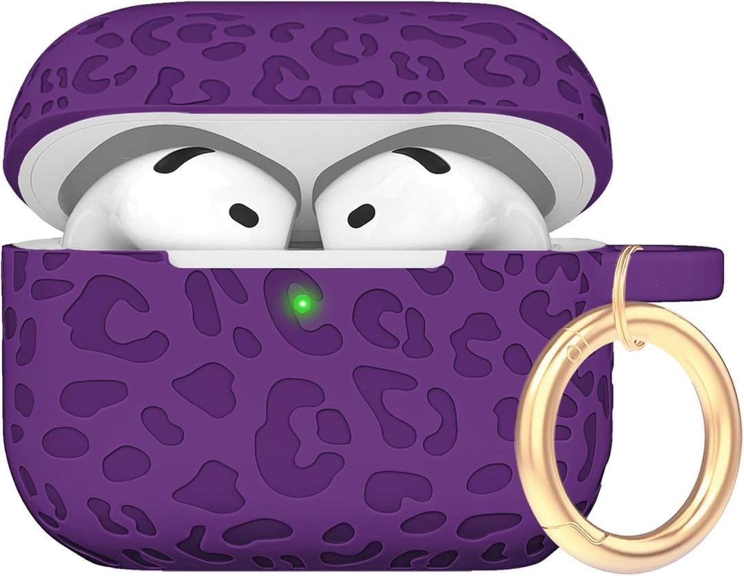 Engraved Leopard Case Compatible with AirPods 4th Generation Cover with Keychain, Skin Soft Cover for Compatible with AirPods 4 Case Full Protection,Front LED Visible, Dark Purple