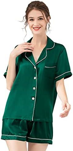 LEPTON 100% Mulberry Silk Short Sleeve Pajama Set, Green, Size L