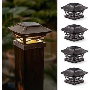 OPOIRA Wood Grain Solar Post Cap Lights, Dual-Core LED Fence Lights with Craftsman Design, 4 Pack Waterproof Outdoor Caps for 4x4 Wooden/Vinyl Post (Brown)
