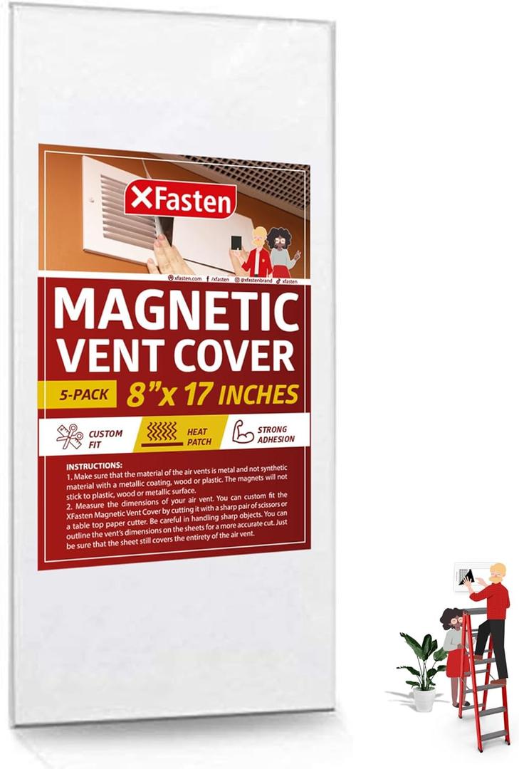 XFasten Magnetic Vent Cover, Industrial Grade Magnets for Sidewall and Floor Vents - for RV, Home HVAC, AC and Furnace Vents, 8-Inch x 17-Inch, Pack of 5