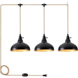 Plug in Pendant Light Farmhouse Hanging Lamp Fixtures with Dimmable Switch, Kitchen Island Hanging Light Adjustable Height Black Pendant Lighting Dining Room Bedroom (1 Pack (3 Lights))