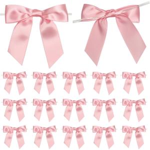 Pink Twist Tie Bows for Treat Bags 3.5" Pre-Tied Pink Bows Baby Pink Satin Ribbon Bows for Gift Wrapping Premade Bows for Crafts, Party Favors, Wedding, Baby Shower Decorations (50 Pack)