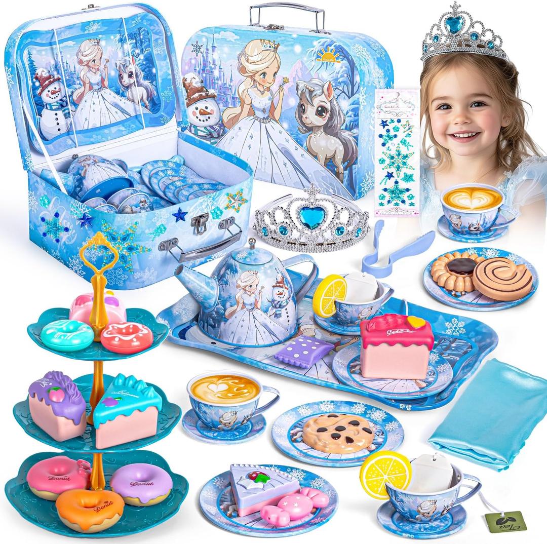 Tea Party Set for Little Girls Toys, Princess Tin Tea Set for Kids with Teapot, Tea Cups, Play Food Dessert, Jewelry & Carrying Case, Christmas Birthday Gift for Girls 3 4 5 6 7 8 Year Old