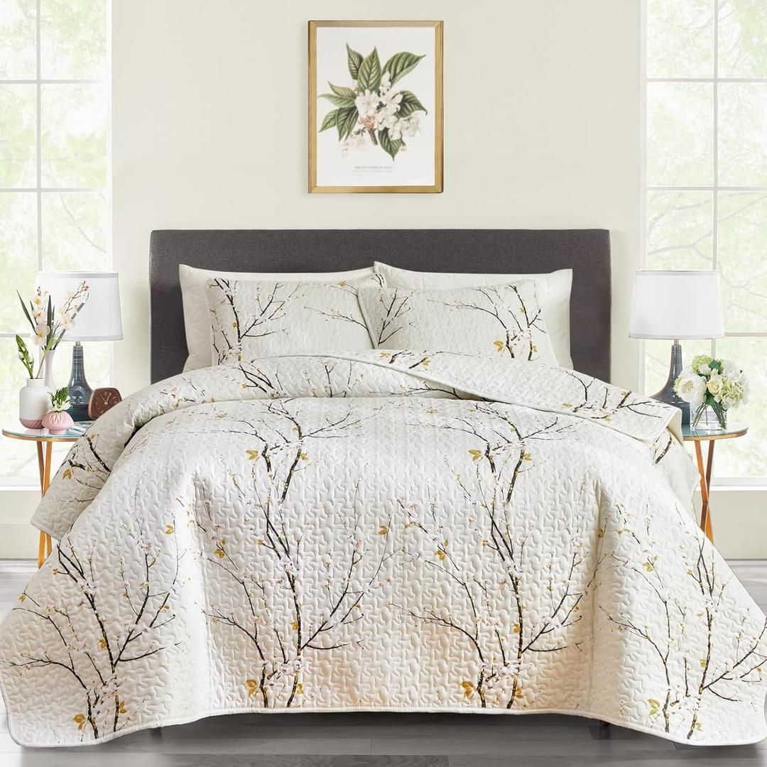 Quilt Set Queen Size Cream White with Black Branch Bedding Set 88x88 Soft Microfiber Lightweight Coverlet Bedspread Summer 3 Pc Bed Cover for (1 Quilt+ 2 Shams)