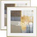 20x20 inch Metal Picture Frame - Thin Aluminum Square Photo Frames with 16x16 Removable Mat - High Definition Plexiglass - Vertical and Horizontal Display - Wall Hook Hanging Hardware Included - Gold, Set of 2 (20x20in, 2Pack)