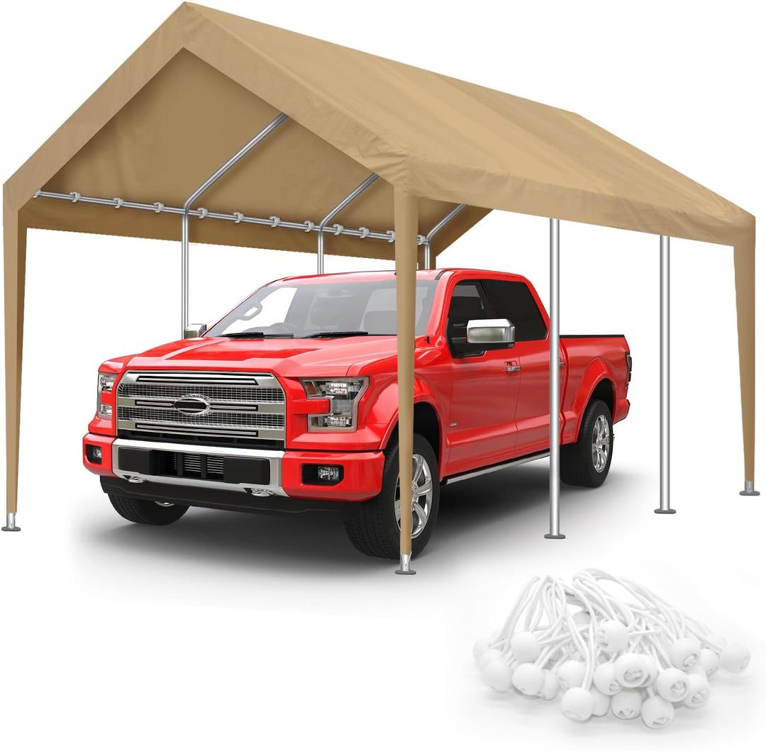 10x20FT Carport Canopy Replacement Cover Heavy Duty Waterproof & UV Protected, All Weather Car Shade Canopy with Ball Bungees (Beige, 10'x20', Frame is not Included)