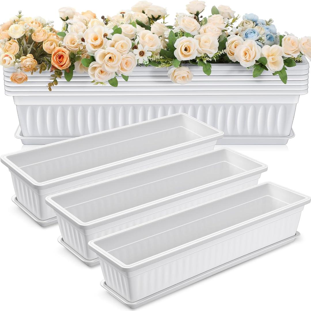 FillTouch 6 Packs 27 Inch Window Flower Box Extra Large Window Sill Herb Garden Long Rectangle Planter Plastic Boxes Outdoor with Drainage Trays for Balcony Windowsill Patio Garden