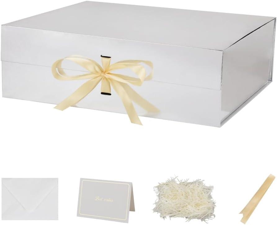 Extra Large Magnetic Gift Box with Lids 3 Pack 19x16x6 Inch Silver Large Gift Box with Ribbon Foldable Gift Boxes for Presents Jumbo Box with Shredded Paper & Cards for Groomsman Proposal, 1 Count