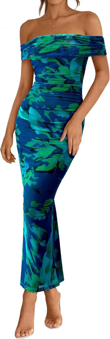 BTFBM Cocktail Dresses for Women 2025 Summer Off Shoulder Bodycon Ruched Mesh Back Slit Floral Maxi Dress Fall Fashion (XX-Large)