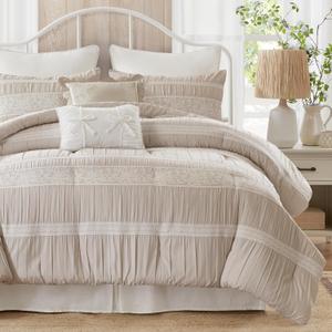 Madison Park 5-Piece Farmhouse Comforter Set with Ruching & Lace Trim, Soft Chambray Bedding, Includes Comforter and 2 Decorative Pillows, Queen, Neutral