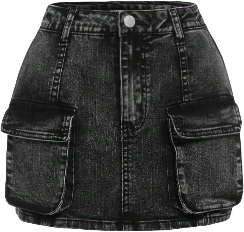 Girl's Denim Cargo Skirt Y2K Solid Low Waist Button Bodycon A Line Denim Skirt Slim Fit Mini Skirt with Flap Pocket, 10Y