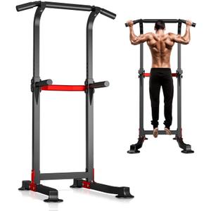Wesfital Pull Up Bar Dip Bar Power Tower Workout Dip Station Height Adjustable Free Standing Chin Up Bar Home Gym Equipment 330LBS Weight Capacity (Black&Red)