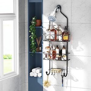 LEVERLOC Shower Caddy Over Shower Head Anti-Swing with Strong Suction Cup, Bathroom Organizer Hanging Rustproof with Hooks for Razor Towel and Sponge, Shelf for Bathroom, Metal Black
