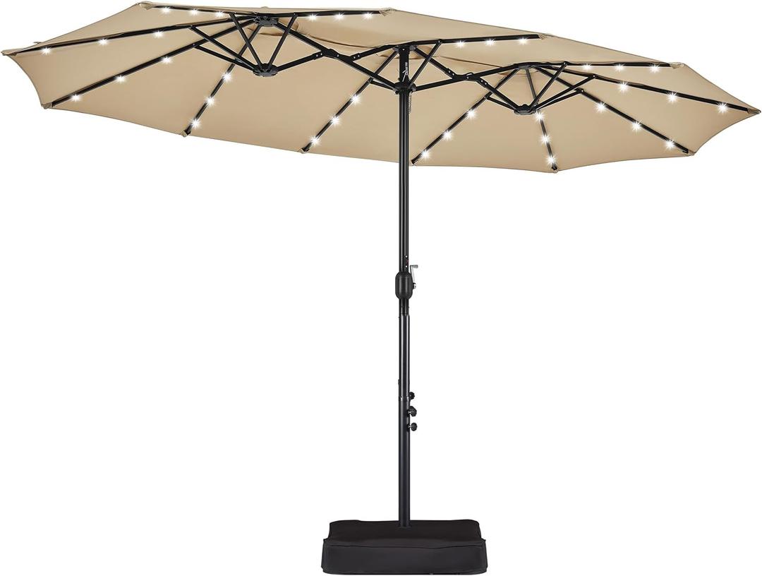 Yaheetech 13 ft Large Patio Umbrella with Solar Lights Double-Sided Outdoor Rectangle Market Umbrellas with 36 LED Lights/Base Included/Crank for Patio Garden Yard Pool, Tan