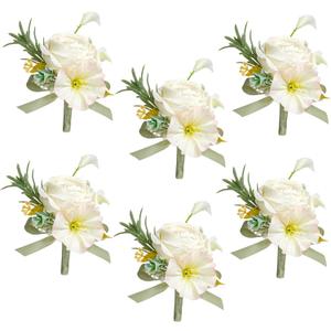 AuroraAria Bridal White Boutonniere for Men,Set of 6,Groom Boutonniere for Wedding,Anniversary,Homecoming,Formal Dinner Party,Wedding Decor,Artificial Bridal White Rose