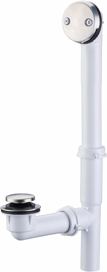 Brushed 1-1/2" Tubular Bath Drain Kit with Tip Toe Bathtub Drain Stopper, Wellup Tub Drain Kit Bath Waste and Overflow Cover, PVC Plastic Pipe for Standard Size Tubs, Brushed Nickel