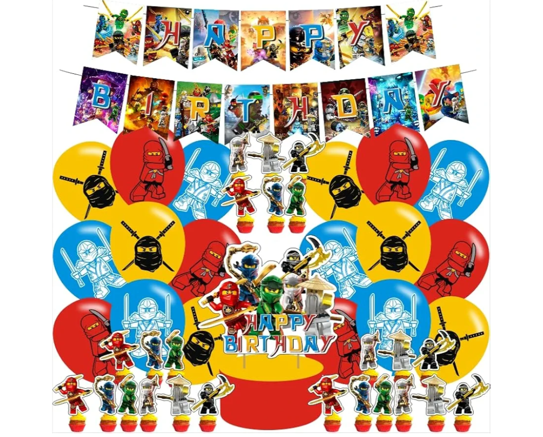 Ninja Party Decorations,Birthday Party Supplies For Cartoon Ninja Hero Party Supplies Includes Banner - Cake Topper - 24 Cupcake Toppers - 18 Balloons