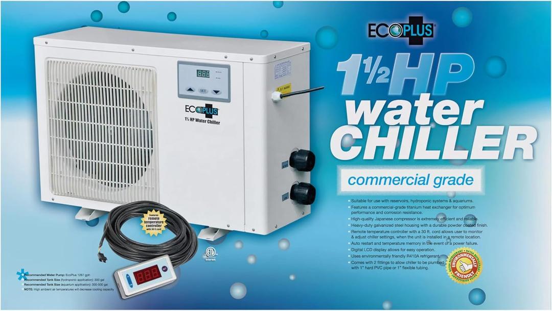 EcoPlus Commercial Grade Water Chiller, Cooler for Reservoirs, Hydroponics, and Aquariums, 1  HP