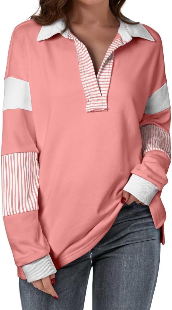 BLENCOT Women Oversized Sweatshirts Color Block Long Sleeve Loose V Neck Fall Outfits 2024 Fashion Slit Pullover (Small, Pink)