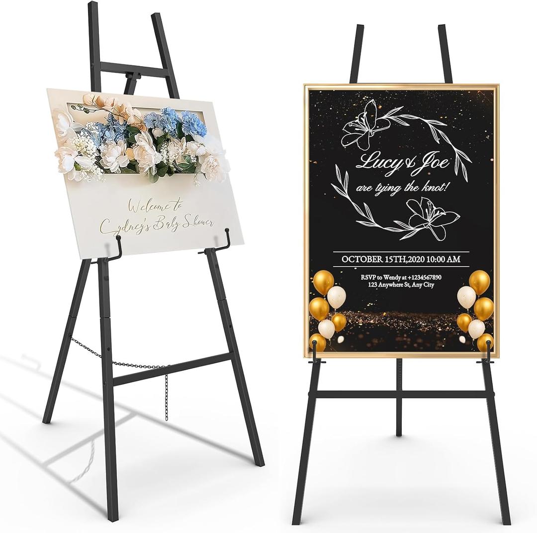 Black Easel Stand for Sign, Heavy Duty Metal Display Easel with Adjustable Chain, 4-Tier Height Art Easel for Painting, Wedding Sign, Posters & Commercial Display