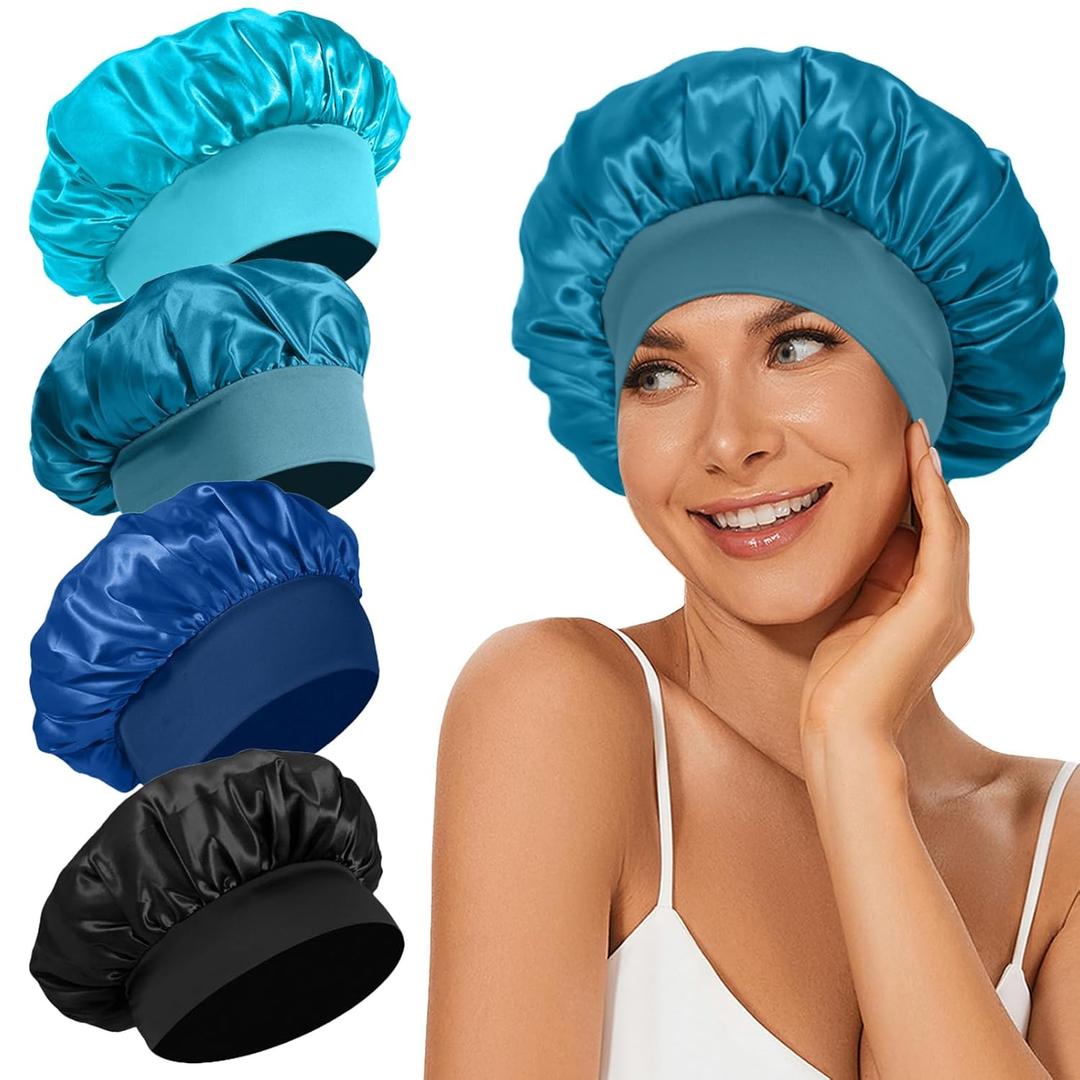 4Pcs Satin Bonnet Silk Bonnet, Hair Bonnet for Sleeping, Elastic Wide Band Silk Sleep Cap, Shower Cap Soft and Breathable (Blue Series)