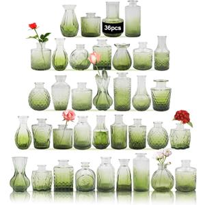 Glass Bud Vases Set of 36PCS, Small Flower Vases for Wedding Centerpiece Table Decoration, Vintage Vase in Bulk for Flower Arrangements, Mini Vase for Birthday Party, Festival Home Decor,Green
