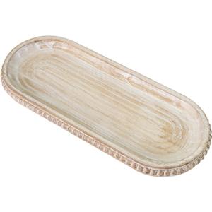 MAONAME Oval Long Narrow Wood Tray, Rustic Decorative Tray with Beaded, Wash White Farmhouse Vanity Trays, Toilet Tank Trays for Dresser, 12" x 4.7"