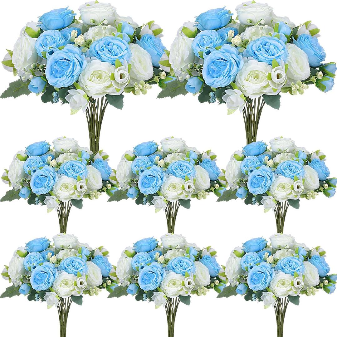 Geosar 8 Bundles Artificial Peonies Flowers Fake Silk Peony Bouquet Faux Peonies Flowers Bulk for Decoration Vase Floral Arrangements Wedding Party Table (Blue,White)