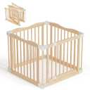 Foldable Wooden Playpen - Adjustable Wood Baby Play Yard with Child-Proof Lock, Indoor Large Safety Fence for Babies and Toddlers - Easy Assembly, 4 Panels