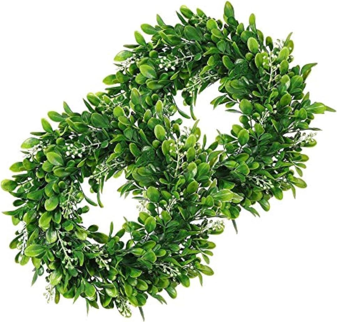LSKYTOP 2 Pcs Boxwood Wreath Round Wreath Artificial Wreath Green Leaves Wreath Door Wall Window Decoration,11Inch/PC