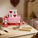 Valentine Wood Book Stack with XOXO Blocks for Table Shelf Tiered Tray Decor (red pink)