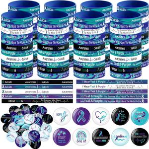 Remuuly 200 Pcs Suicide Prevention Awareness Accessories Set Include 100 Prevention Awareness Silicone Bracelet 100 Inspirational Pin for Teal and Purple Ribbon Week Charity Supplies