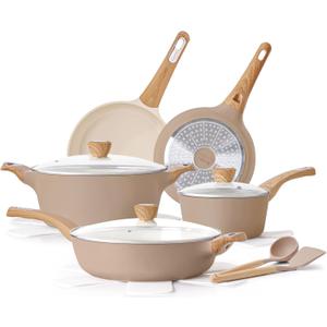 SENSARTE Nonstick Ceramic Cookware Set 14-Piece, Healthy Pots and Pans Set, Non-toxic Kitchen Cooking Set, Taupe