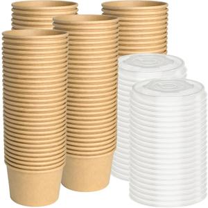 ESSENTIAL Paper Ice Cream Cups with Lids, 120pcs 8oz Disposable Dessert Bowls with Lids for Hot or Cold Food, Paper Snack Containers for Sundae, Frozen Yogurt, Soup (Brown)