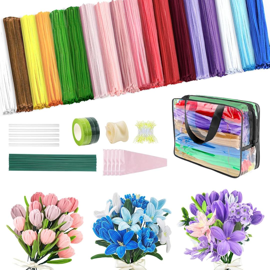 1000 PCS Pipe Cleaners Craft, Pipe Cleaners Flowers Kit with Handle, 18 Colors Chenille Stems with Instruction, DIY Pipe Cleaner for Home Arts and Crafts Decorations Supplies
