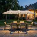 Kingdura 13ft Large Patio Umbrella with Solar Lights, Double-Sided Rectangle Outdoor Table Umbrella with Base Included, 12 Reinforced Ribs, 48 Led Lights, Crank Lift for Market Pool Deck, Beige