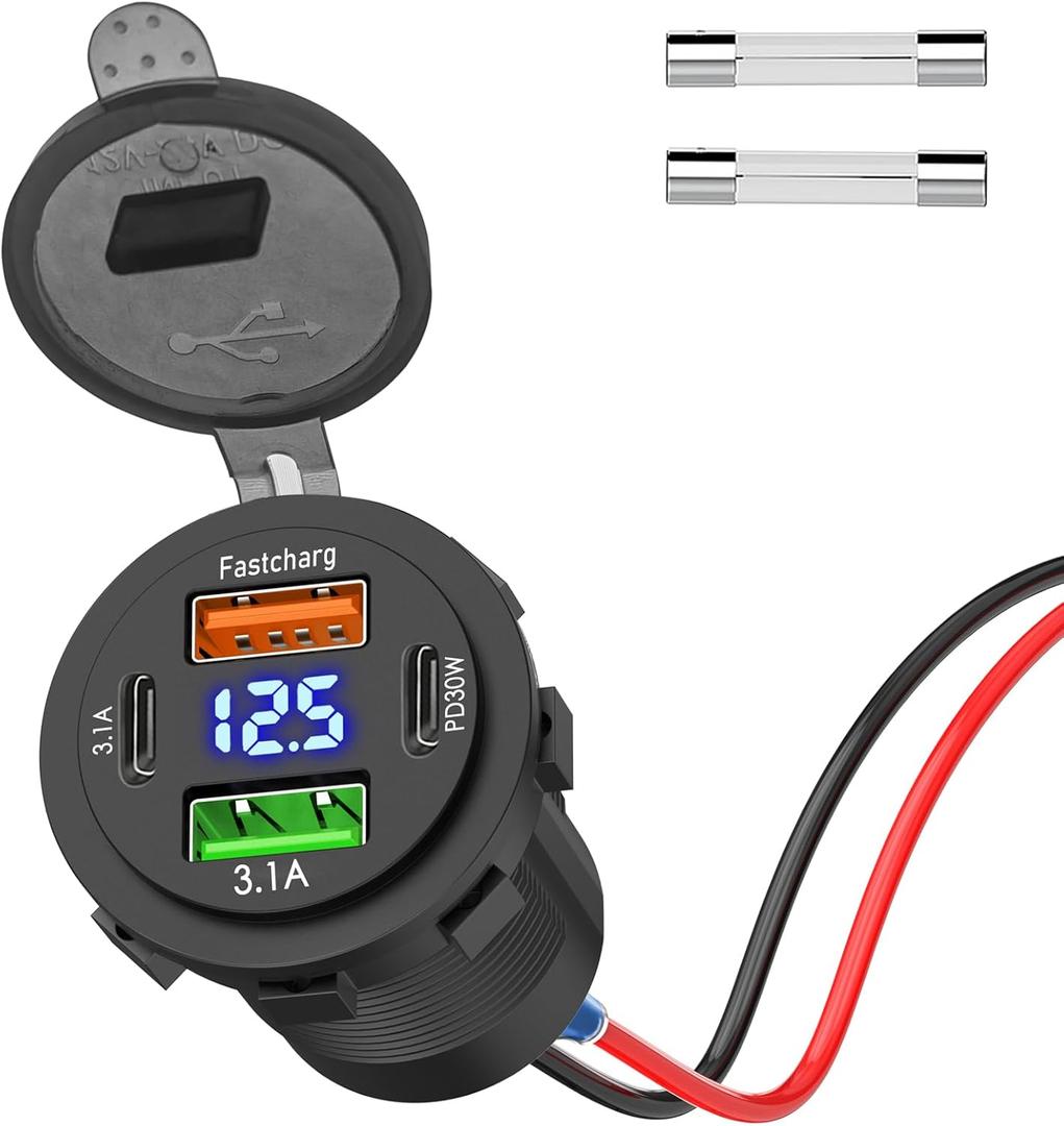 Qidoe 66W 12V USB Outlet, 4 Port Dual PD & Dual Quick Charge 3.0 Car Charger with Voltmeter for Car Boat Marine RV