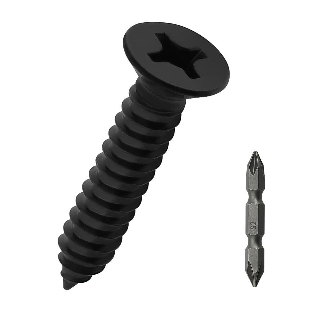 #12 x 1-1/2" Flat Head Wood Screws (50 pcs), 18-8 (304) Stainless Steel, Phillips Drive Flat Head Self Tapping Screws, Black Oxide Coated Sheet Metal Screws, Fayeploo (with Phillips Driver Bit)