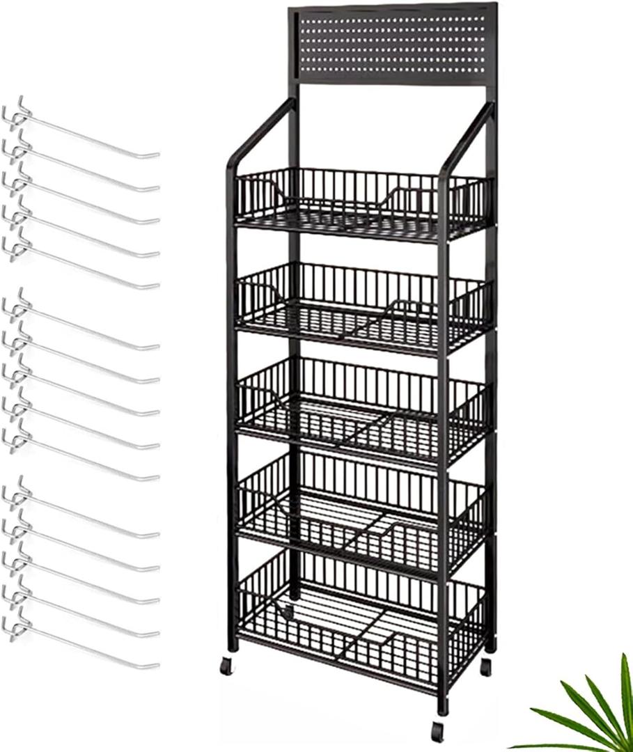 5 Tier Retail Display Rack, Metal Snack Rack with Wheels, 24inch Wide Chip Snack Display Stand with 15 Hooks for Kitchen Office Supermarket, Black (1)