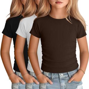 3 Pack Girls Short Sleeve Cute Shirts | Ribbed Knit, Crew Neck, Slim Fit, Summer, Basic, Soft, School Outfit, Trendy, Ages 5-14, Solid Colors, Versatile Styling