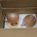 Pink Vintage Latte Mugs Set of 2, 16oz Large Pink Glass Embossed Coffee Mug Latte Tea Cup with Bamboo Lid and Spoons, Insulated Tea Cups Iced Water Ribbed Glasses Breakfast Cup Set Gift for Family