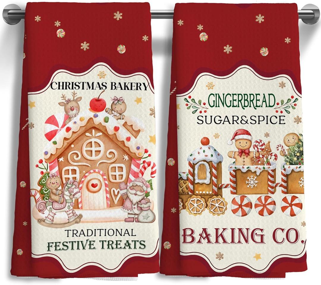 Christmas Gingerbread House Kitchen Towels Set of 2 Kitchen Towels,Gingerbread Man Train Dish Towel for Kitchen Bathroom Indoor Home Decor16x24 Inch