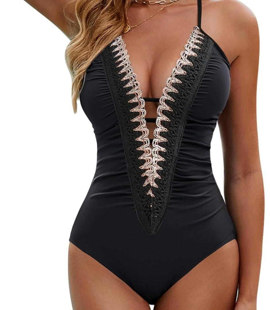 BMJL Women's Sexy One Piece Swimsuit Ruched Tummy Control Bathing Suit Plunge Color Block Swimwear 2026,XXL