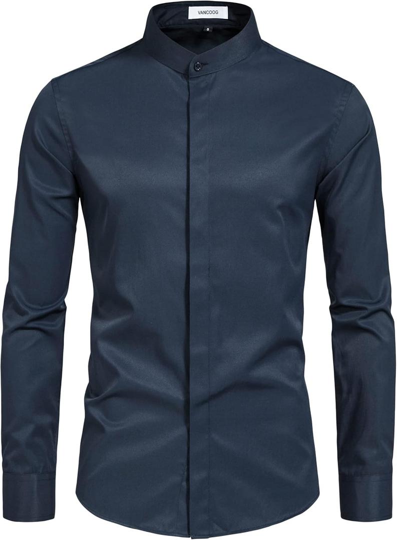 Mens Banded Collar(Mandarin Collar) Long Sleeve Casual Solid Fancy Dress Shirts (XX-Large, Navy Blue)