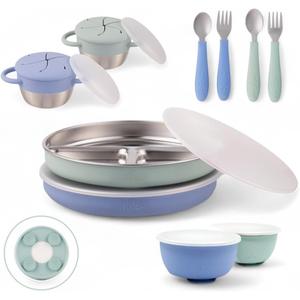 Elk and Friends Kids Stainless Steel Mealtime Bundle | Plates, Bowls, Snack Cups + Toddler Utensils | Silicone Suction Sleeves + Travel Storage Lids | For Meals + Snacks | Dishwasher Safe (Sage/Misty Blue (Suction Sleeves))