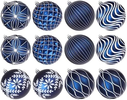 Lanpn 12 Pcs 4" Large Christmas Balls Ornaments, Outdoor Xmas Tree Hanging Decorations, Shatterproof Christmas Ball Ornament Set for Home Winter Holiday, Assorted Relief Pattern, Blue & White