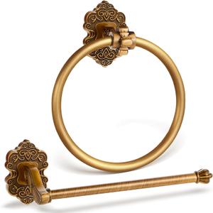 2 Pcs Antique Gold Toilet Paper Holder Towel Ring, Hand Towel Hanger Toilet Paper Roll Holder Wall Mount Retro Vintage Bathroom Hardware (Circle)